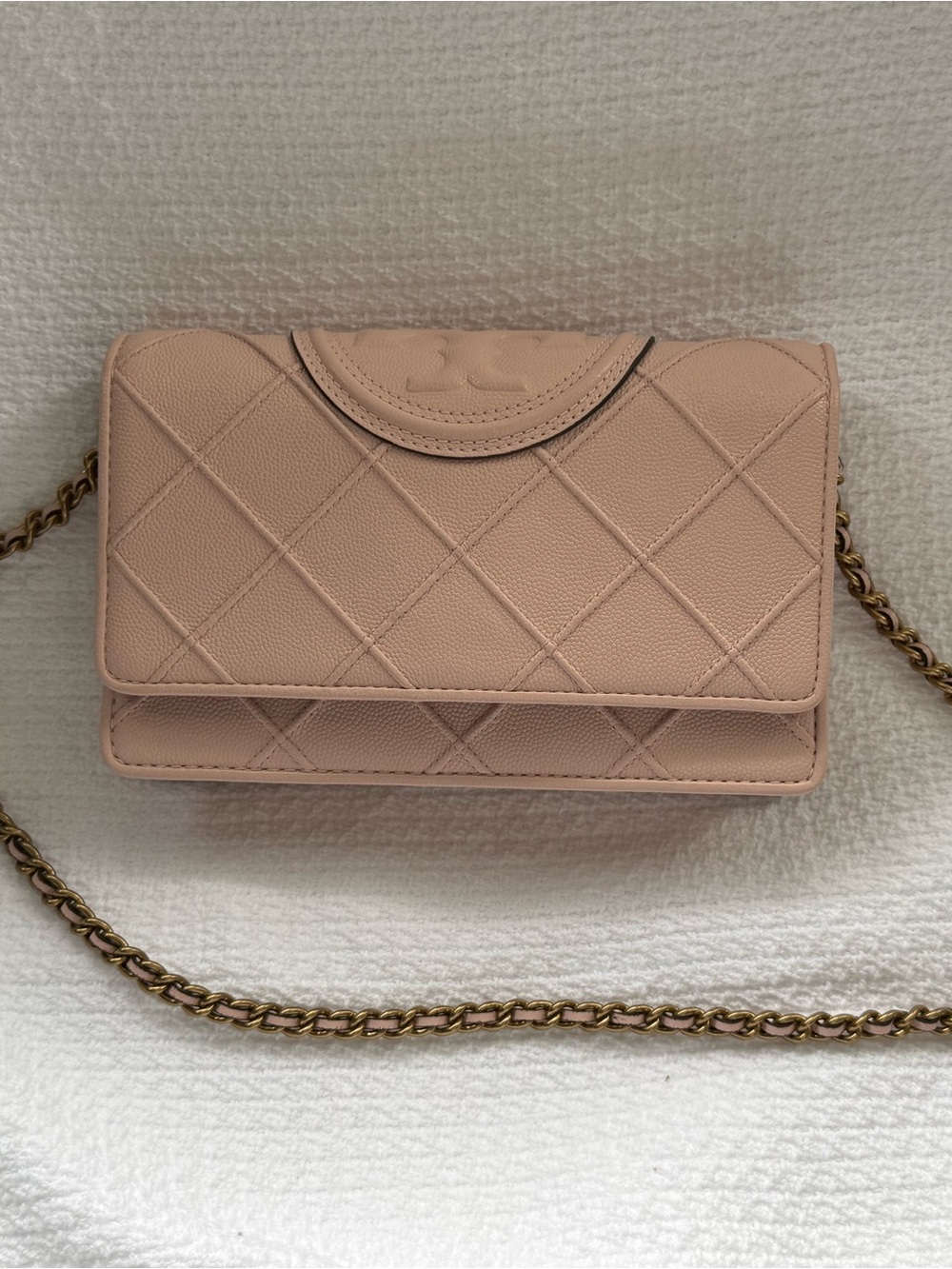 Tory Burch Quilted Light Pink Leather Crossbody with Gold Chain